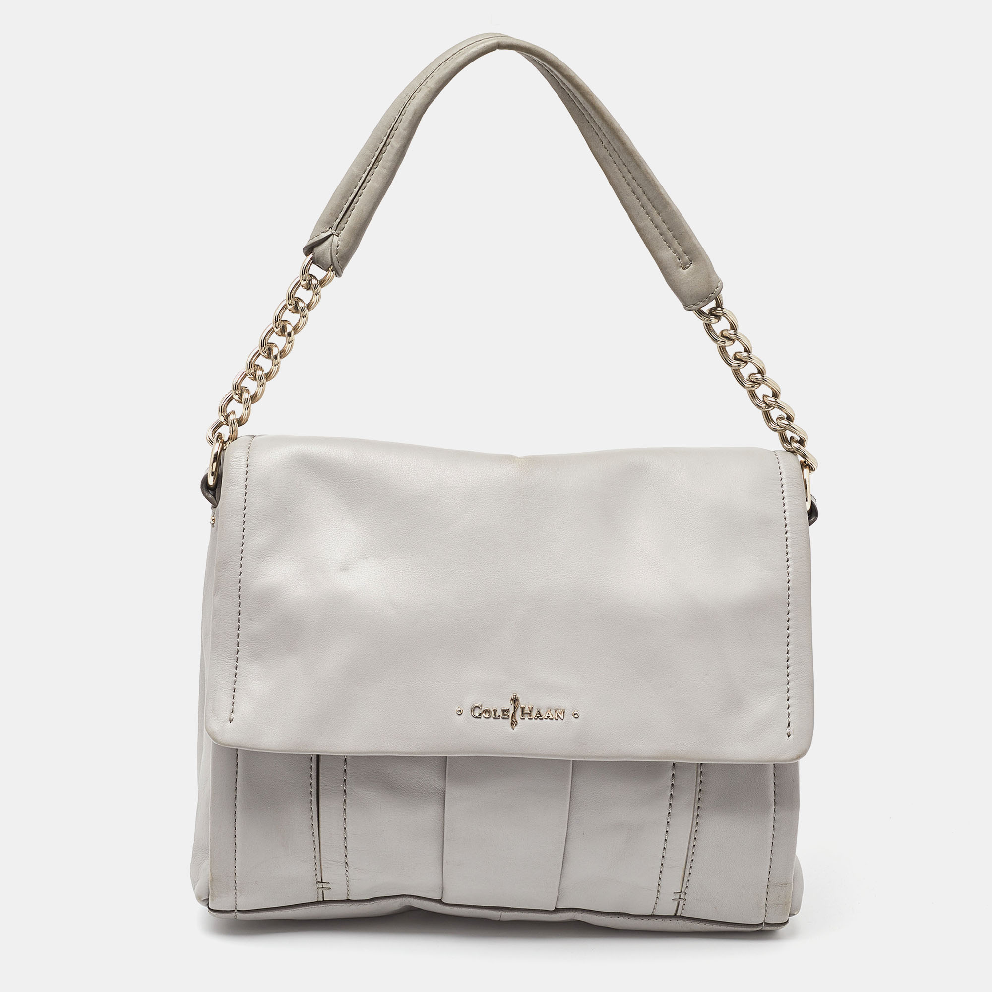 Cole Haan Grey Pleated Leather Flap Chain Bag