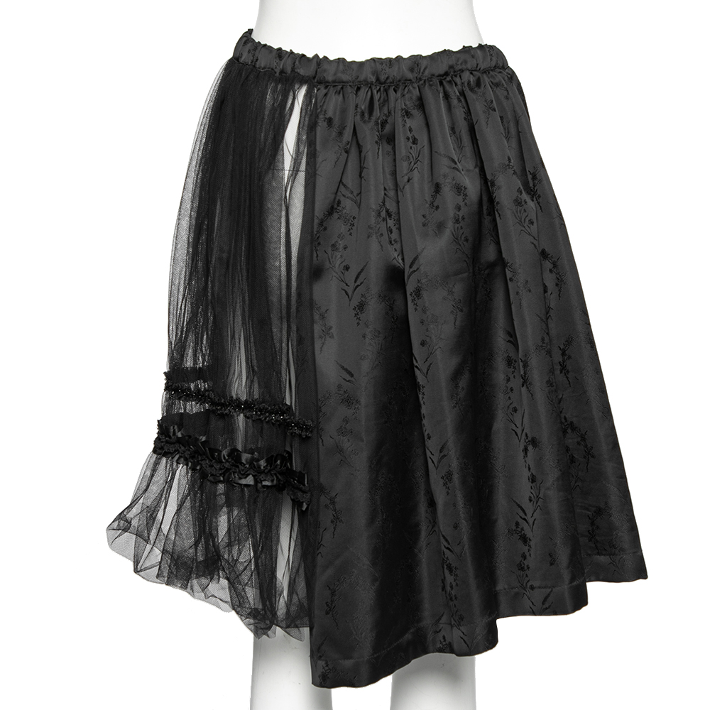 Comme Des Garcons Black Mesh And Floral Embroidered Silk Ruffled Detailed Skirt S