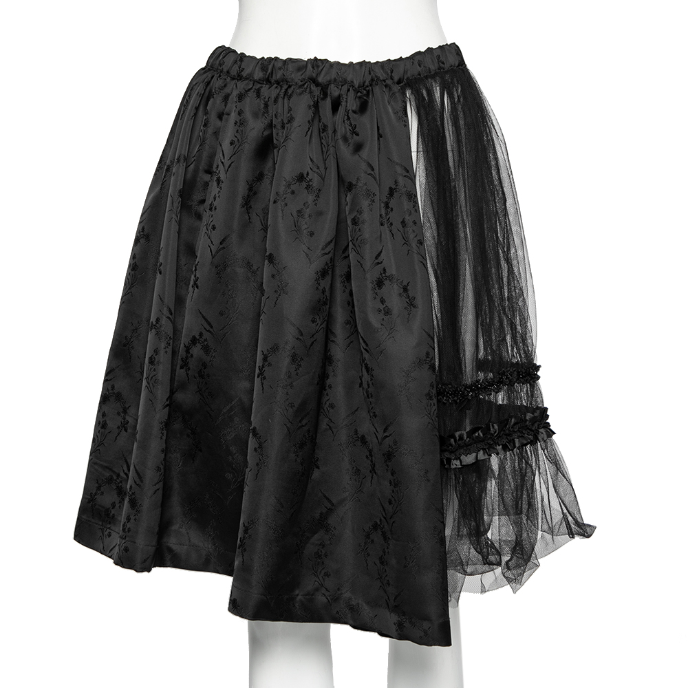 Comme Des Garcons Black Mesh And Floral Embroidered Silk Ruffled Detailed Skirt S