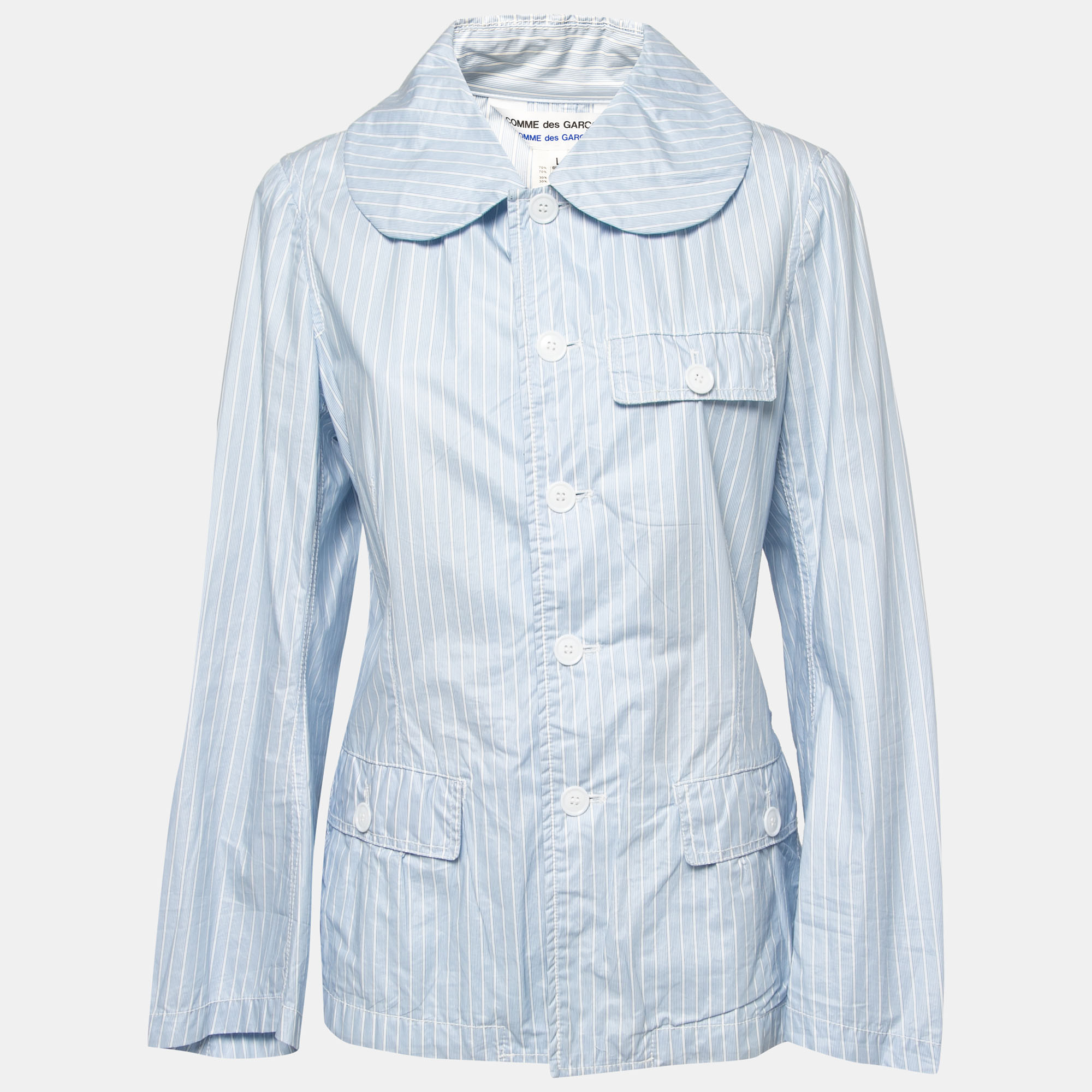 Comme Des Garcons Light Blue Striped Cotton And Acrylic Button Front Shirt L