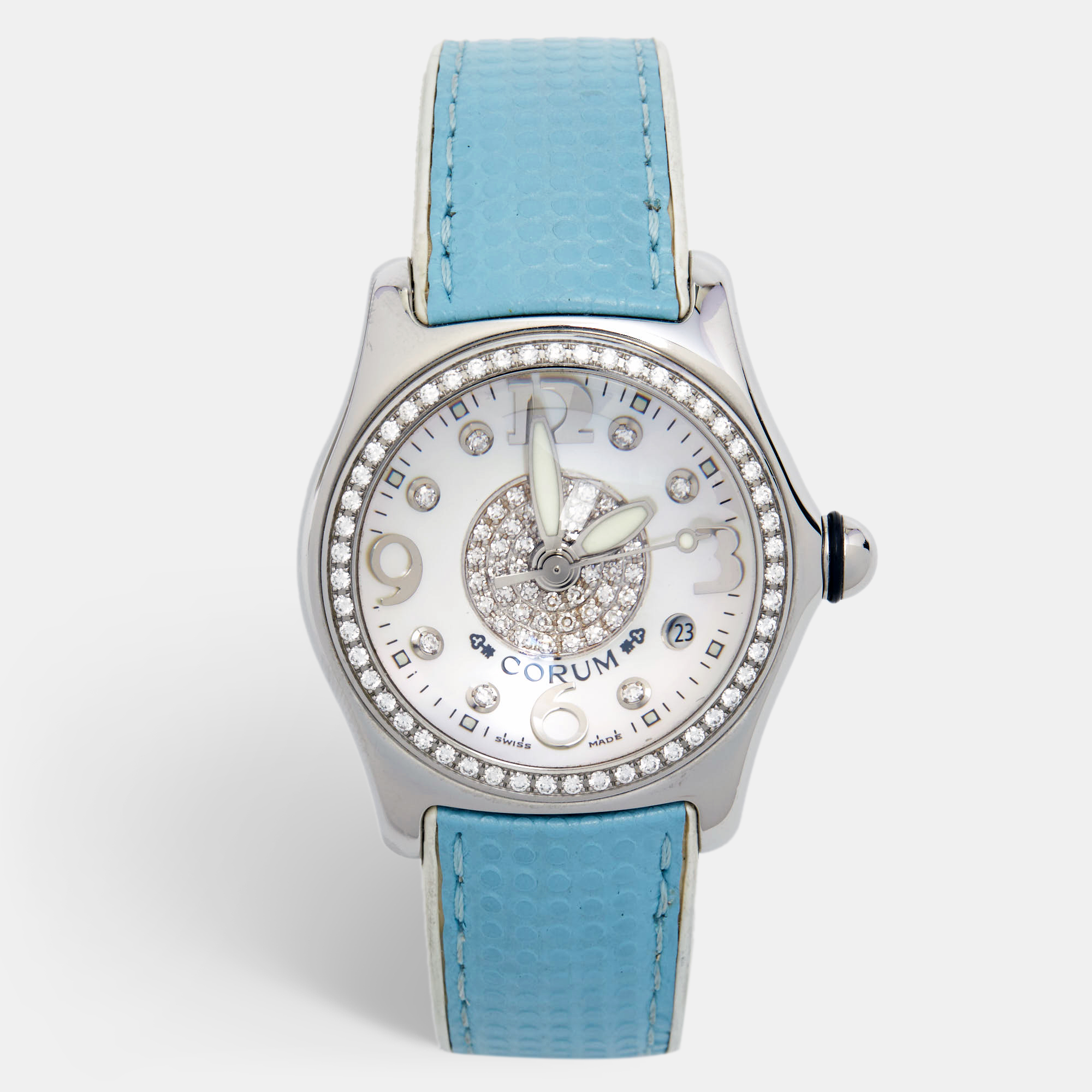 Corum Mother Of Pearl Stainless Steel Diamond Bubble 39.151.47 Women's Wristwatch 36 Mm