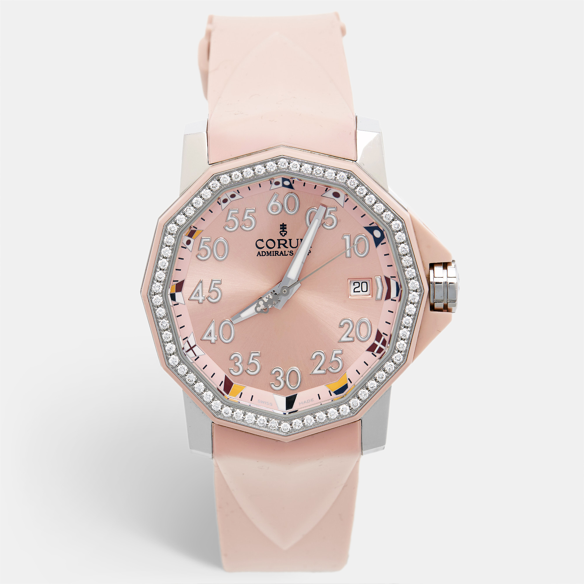 Corum pink resin stainless steel diamond rubber admiral's cup 01.0033 women's wristwatch 40 mm