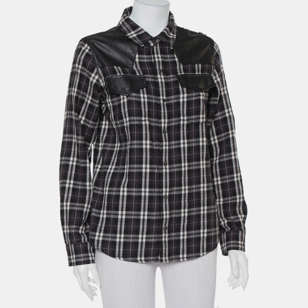 Current/Elliott Monochrome Checkered Cotton Faux Leather Detail Button Front Shirt S