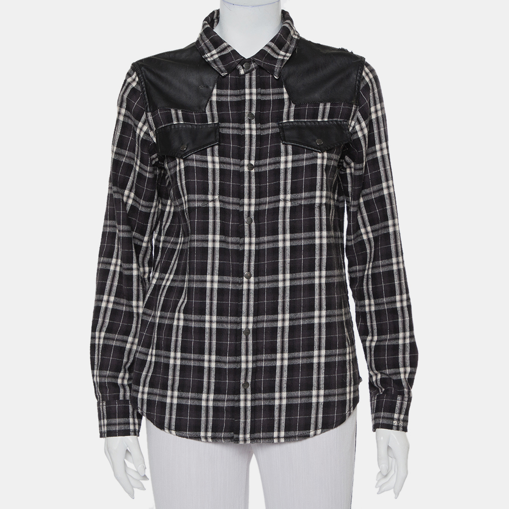 Current/Elliott Monochrome Checkered Cotton Faux Leather Detail Button Front Shirt S