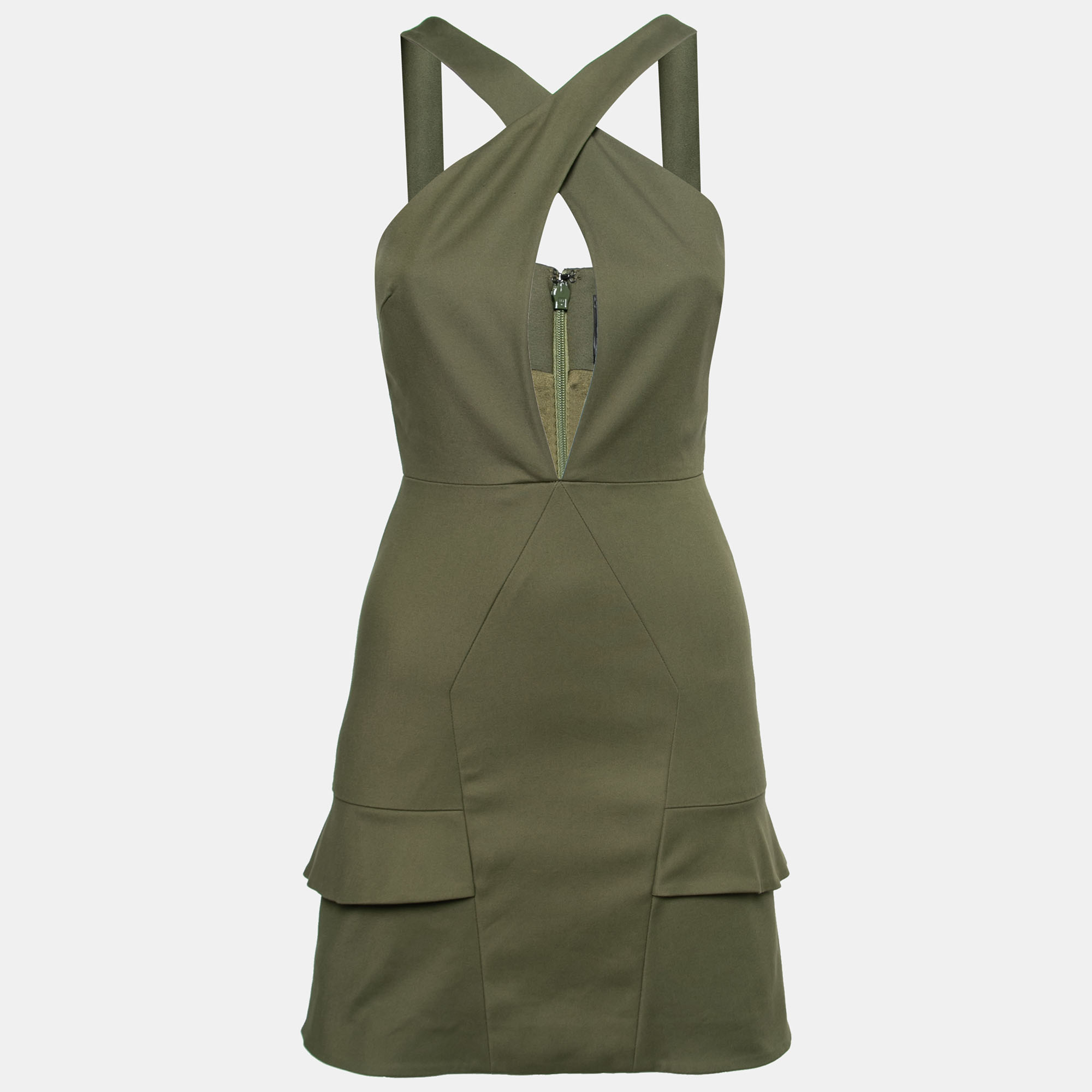 Cushnie Et Ochs Safari Green Stretch Cotton Keyhole Detail Mini Dress XS