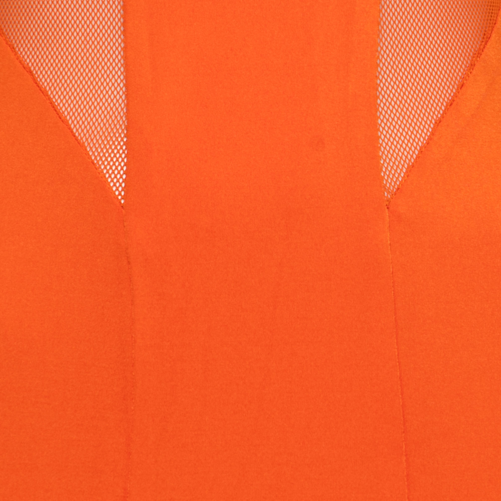 Cushnie Et Ochs Tangerine Orange Stretch Satin Jersey Mesh Paneled Gown S