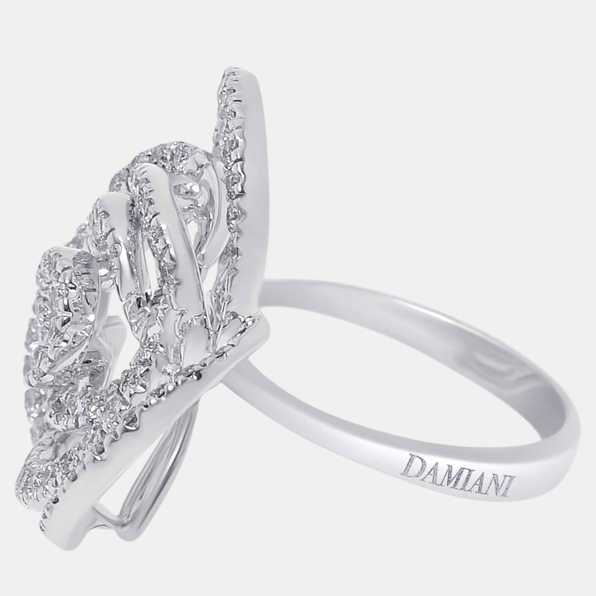 Damiani 18k white gold and diamond 0.82ct. tw. flower statement ring sz. 5