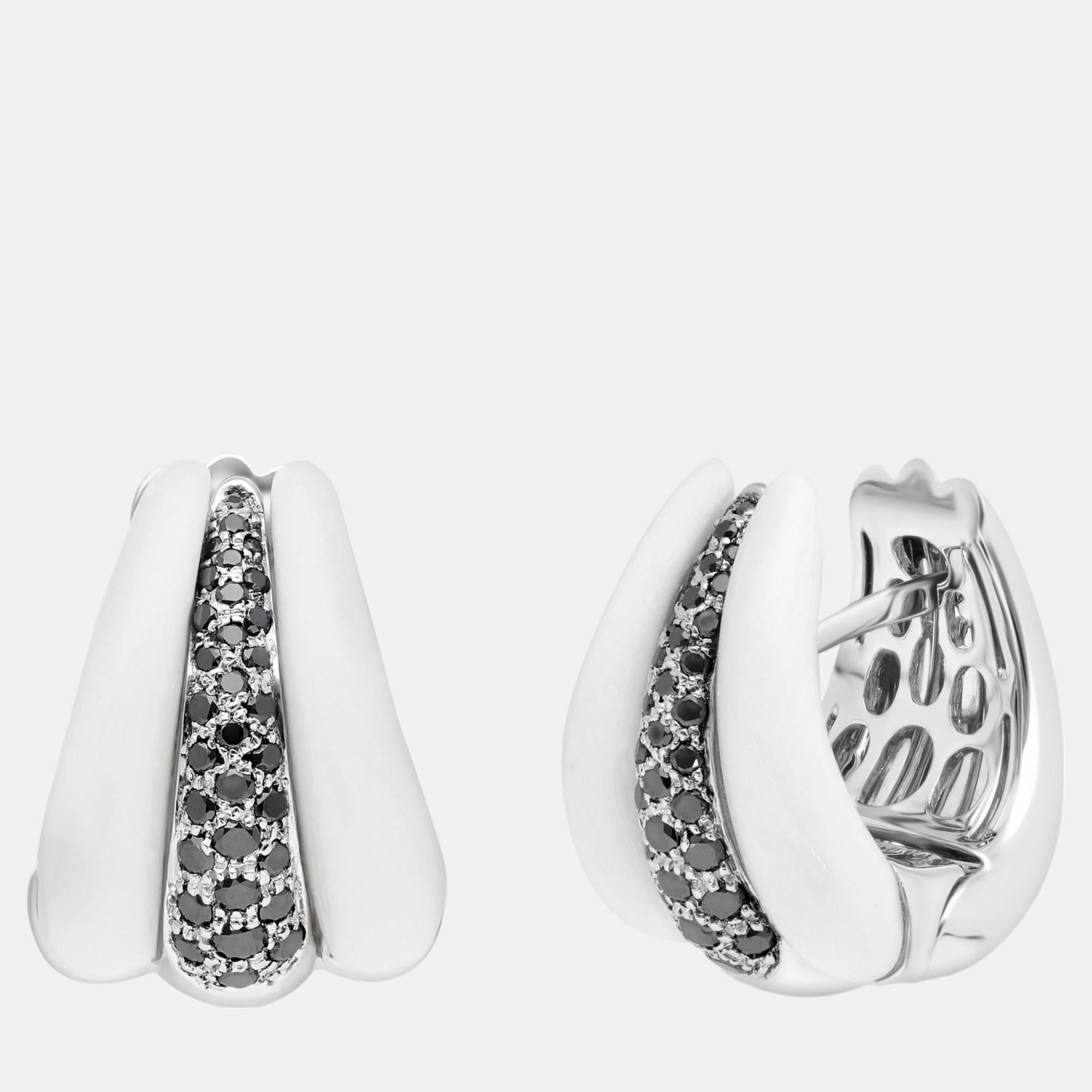 Damiani 18k white gold and enamel, black diamond huggie earrings