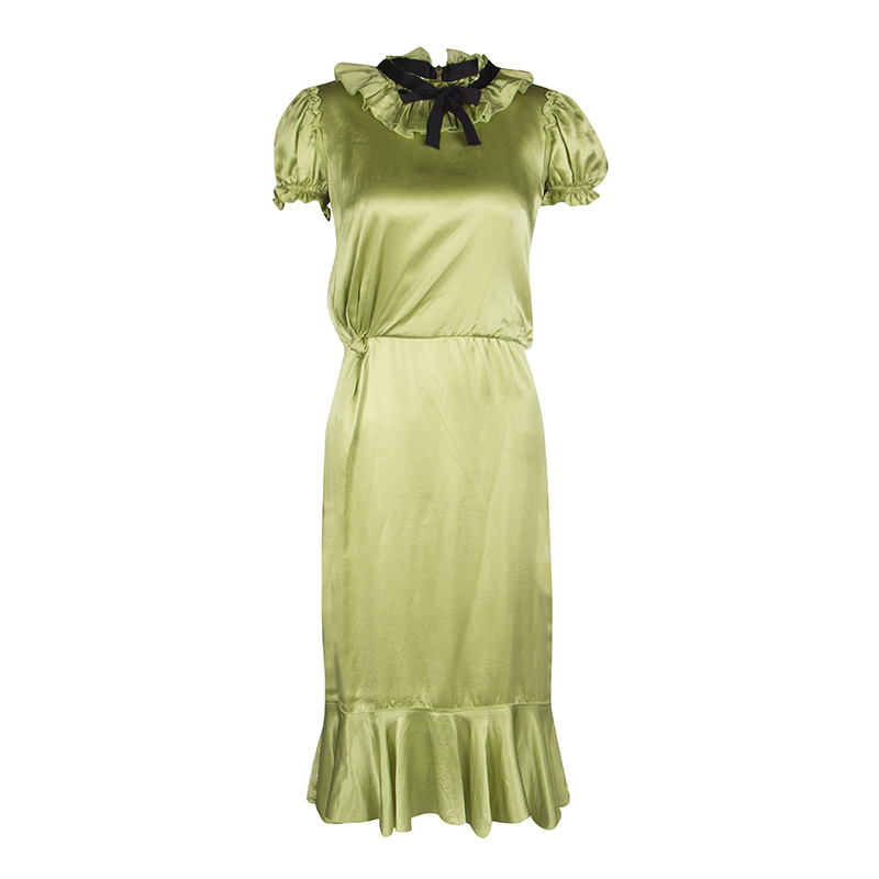 Image of D & G Green Satin Ruffle Trim Tie Detail Midi Dress S