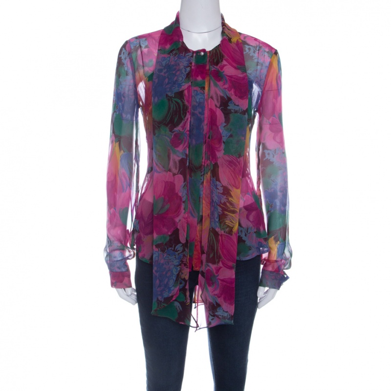 D&G Multicolor Printed Silk Bow Neck Tie Detail Long Sleeve Blouse M