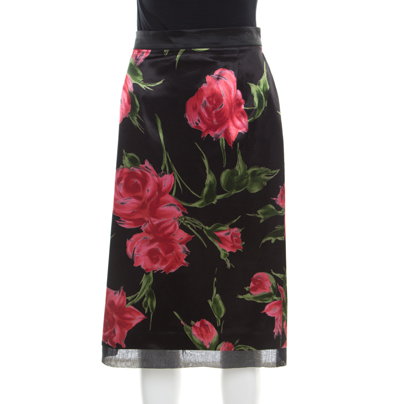 Image of D & G Only Under  Vintage Black Rose Printed Satin Pencil Skirt L