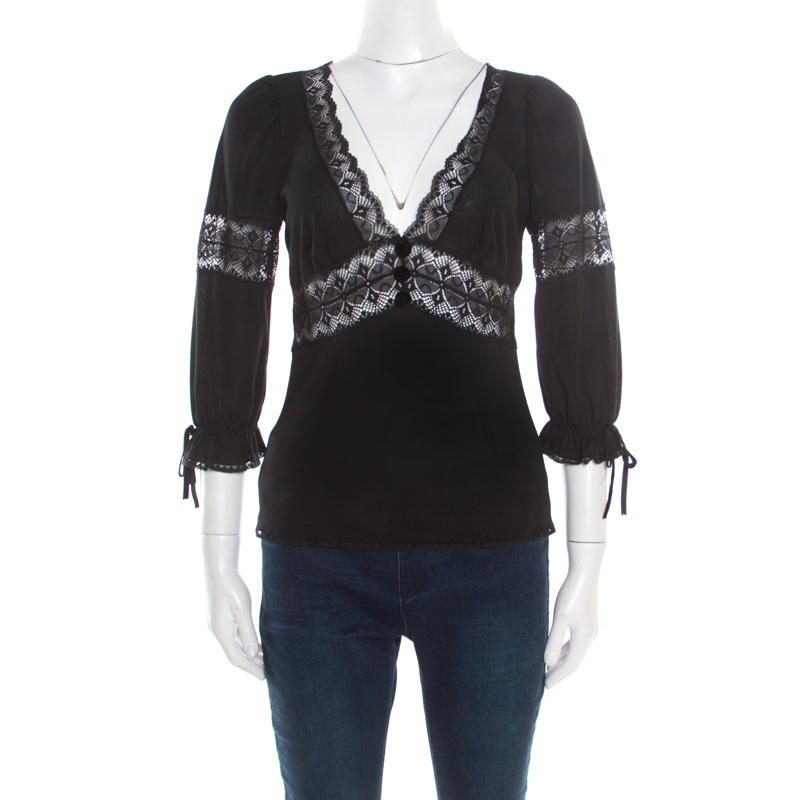 Image of D & G Black Knit Lace Insert Detail Plunge Neck Top S