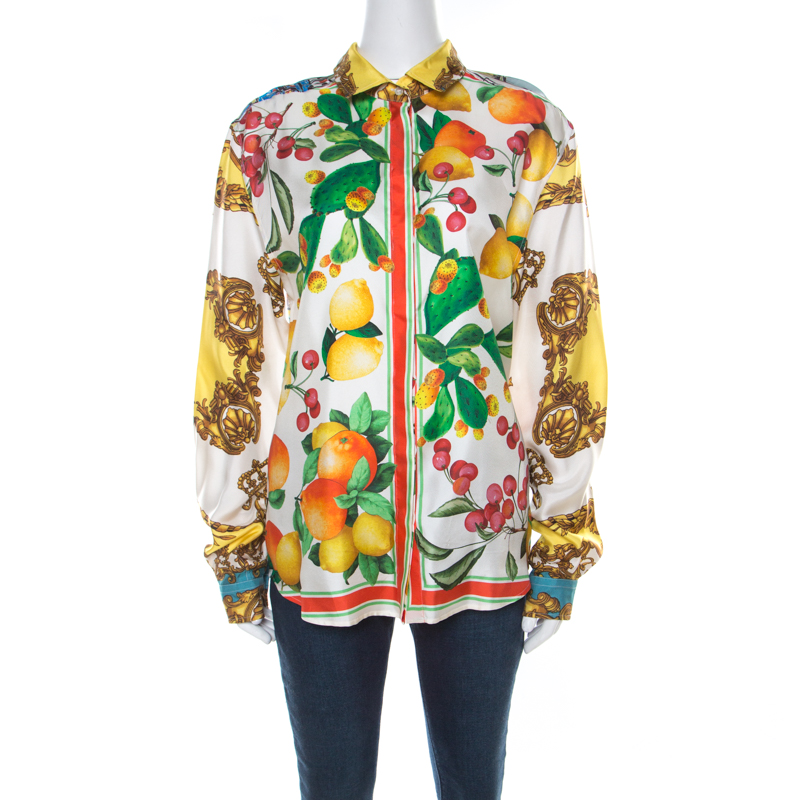 Image of D & G Multicolor Abstract Tropical and Baroque Printed Silk Button Front Shirt M