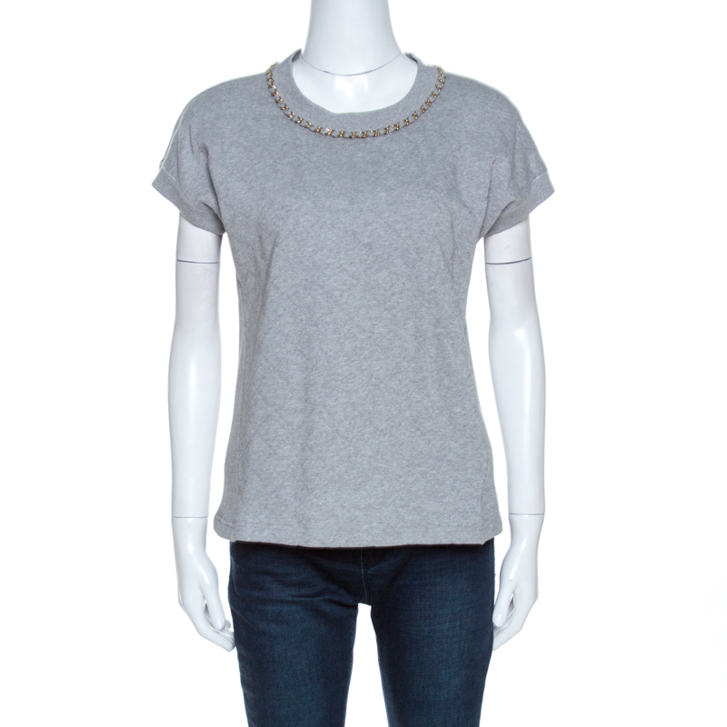 Image of D & G Grey Quilted Cotton Knit Chain Detail Top M