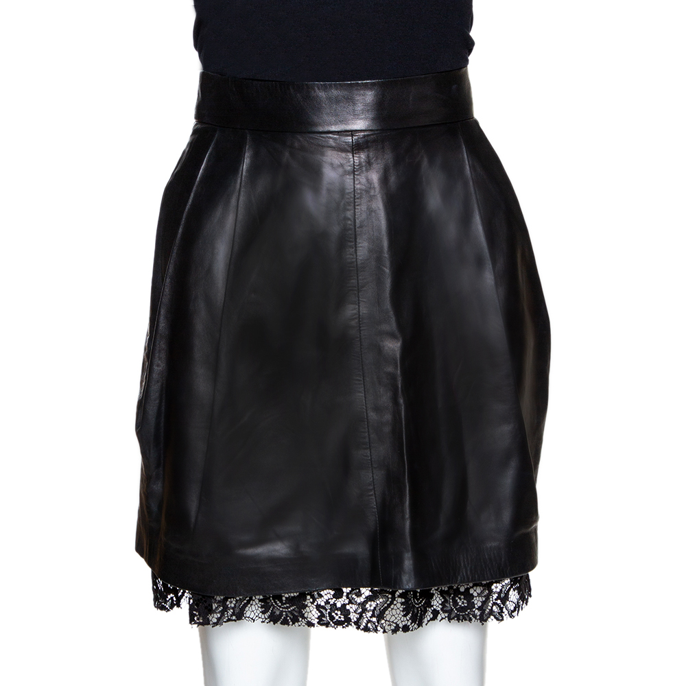Image of D & G Black Lamb Leather Lace Trim A Line Skirt S