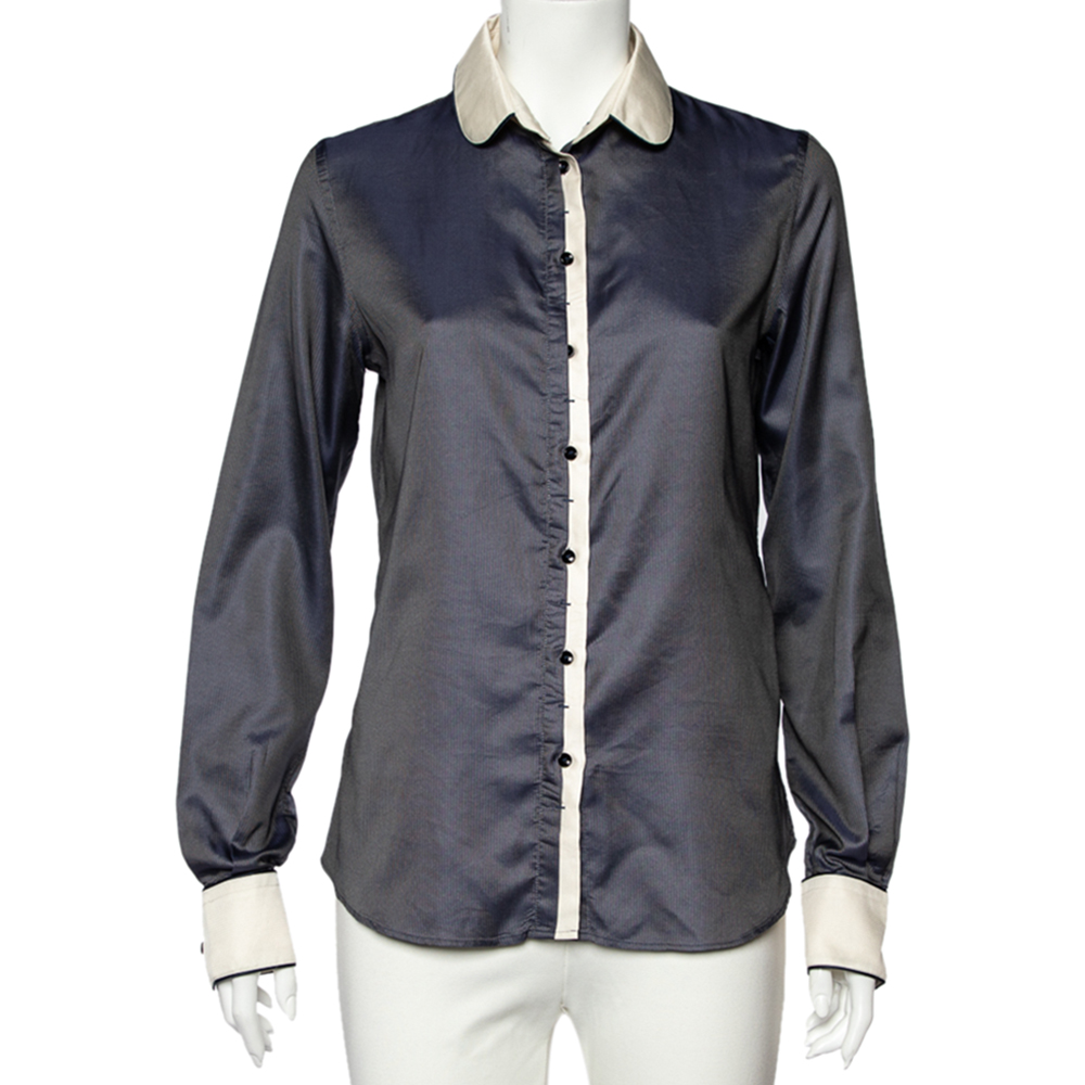 D&g navy blue textured silk blend contrast trim shirt m