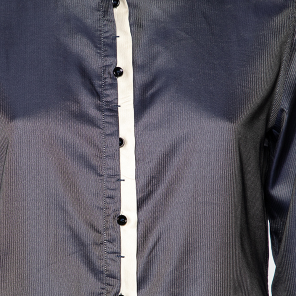D&G Navy Blue Textured Silk Blend Contrast Trim Shirt M