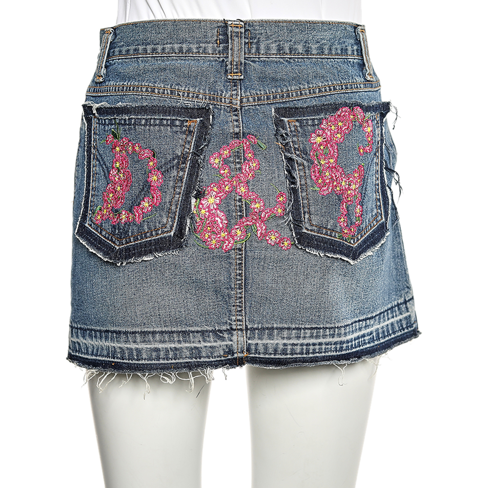 D&G Blue Denim Back Floral Logo Embroidered Mini Skirt S