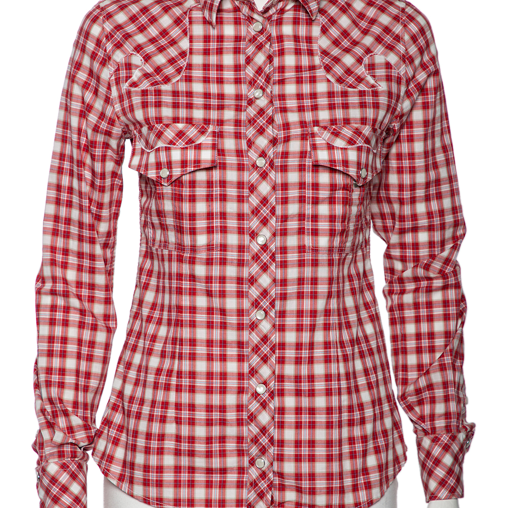 D&G Red Checkered Cotton Regular Fit Shirt M