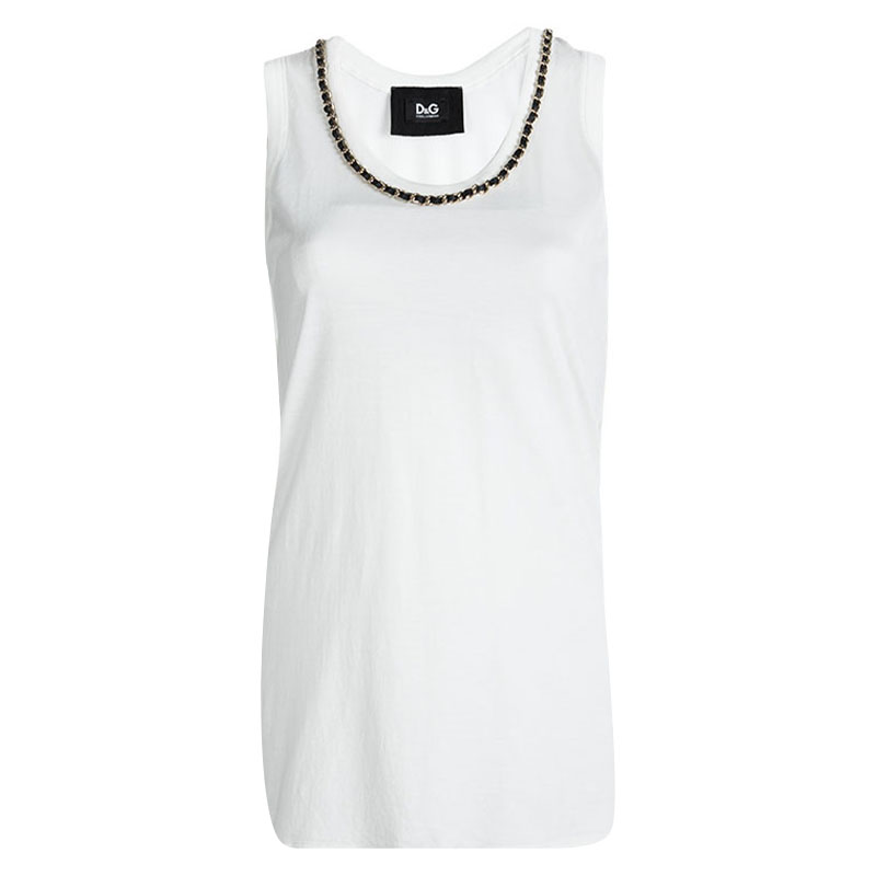 Image of D & G White Cotton Chain Detailed Sleeveless Top M
