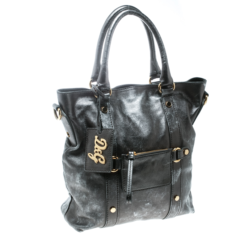 D&G Metallic Grey Leather Golden Box Messenger Bag