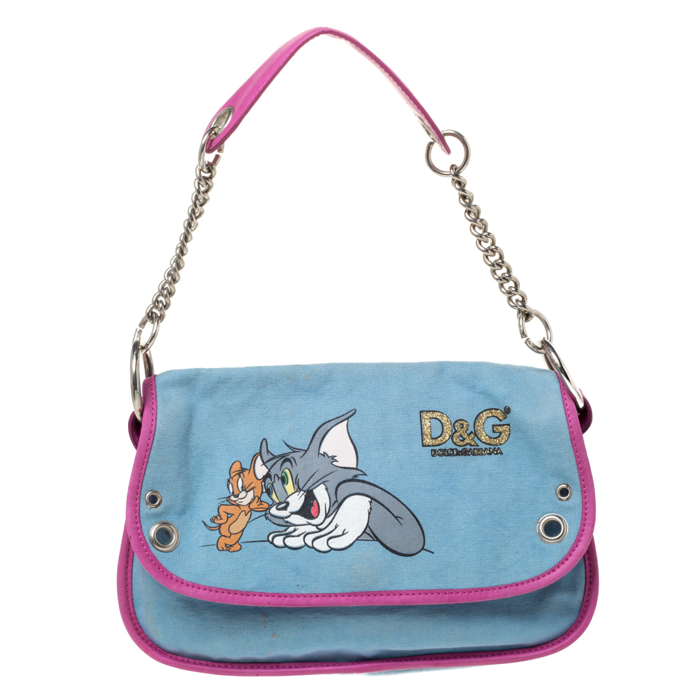Image of D & G Light Blue/Pink Tom and Jerry Print Canvas and Leather Flap Chain Shoulder Bag