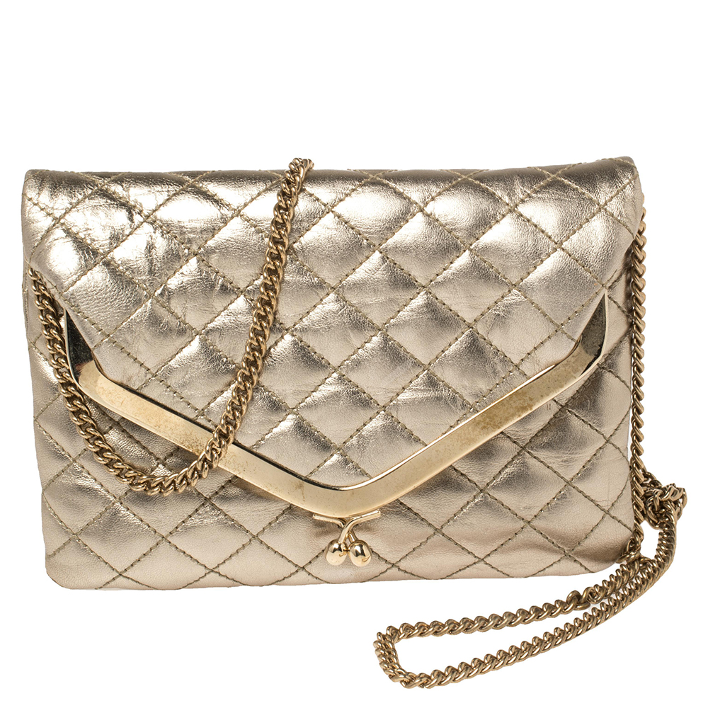D & G Metallic Gold Quilted Leather Kisslock Foldover Chain Clutch