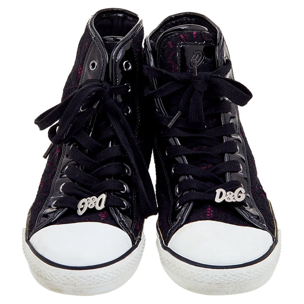 D&G Black Lace And Patent Leather High Top Sneakers Size 38