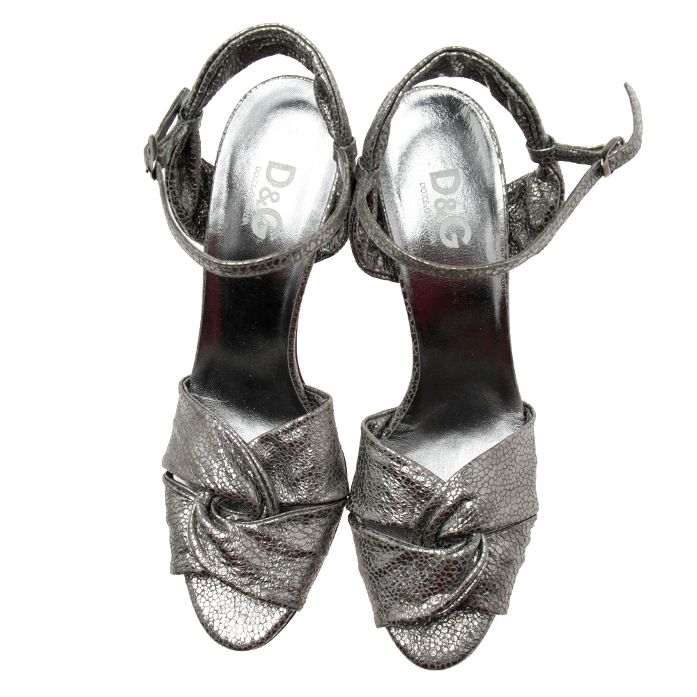 D&G Metallic Grey Laminated Leather Ankle-Strap Sandals Size 39.5