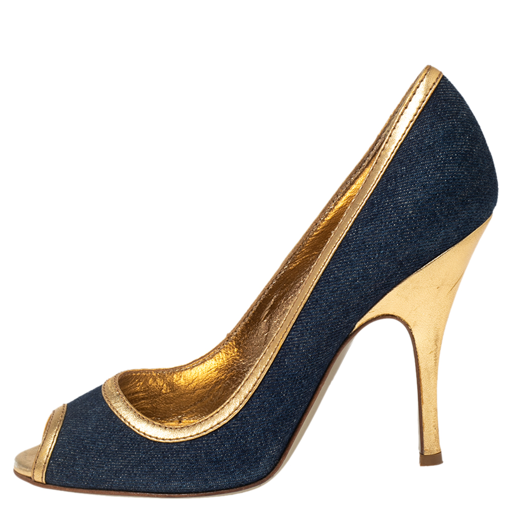 Dolce & Gabbana Blue/Gold Denim And Leather Peep Toe Pumps Size 39