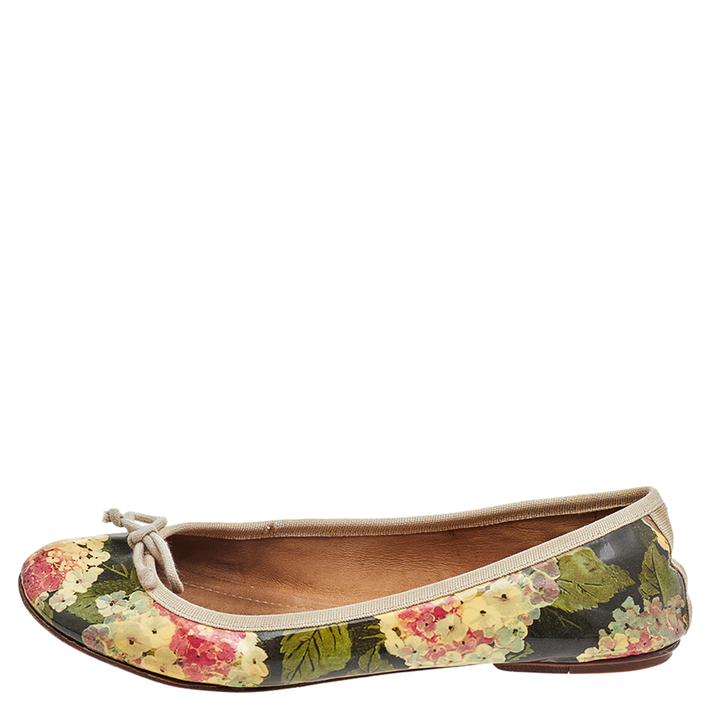 D&G Multicolor Floral Print Patent Leather Bow Ballet Flats Size 39