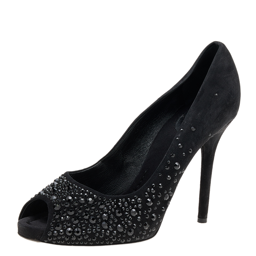 D&G Black Suede Crystal Embellished Peep Toe Pumps Size 40