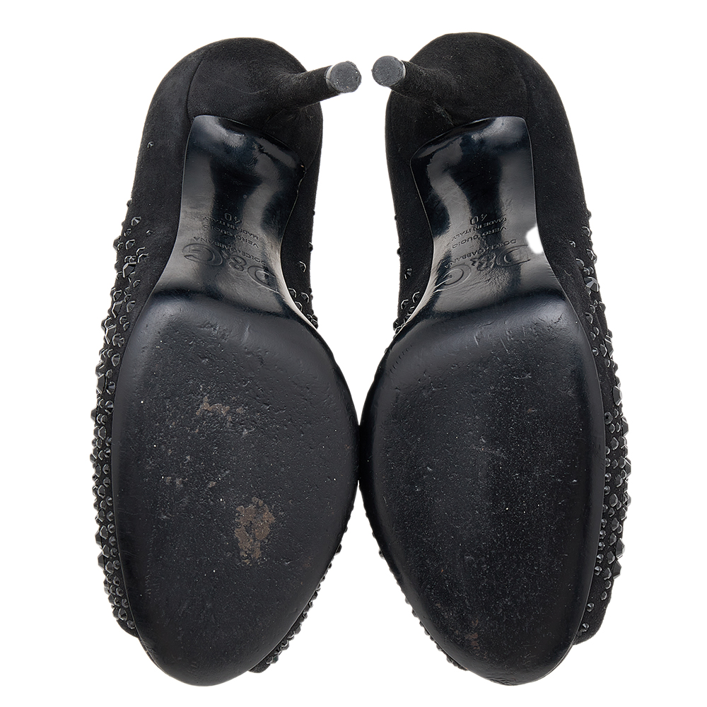 D&G Black Suede Crystal Embellished Peep Toe Pumps Size 40