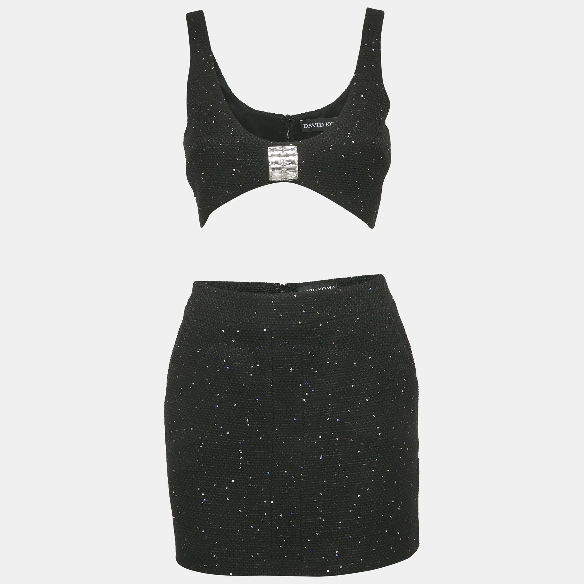 David Koma Black Sequin Tweed Bralette and Mini Skirt Set S
David Koma Black Sequin Tweed Bralette and Mini Skirt Set S