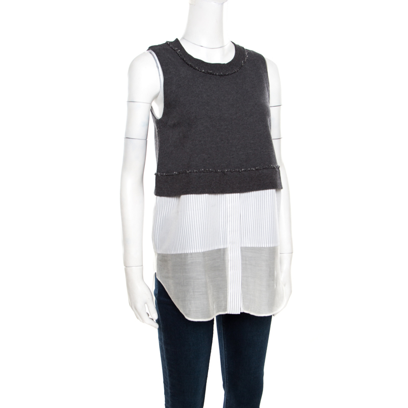 10 Crosby Derek Lam Grey and White Knit Striped Layered Sleeveless Blouse S
