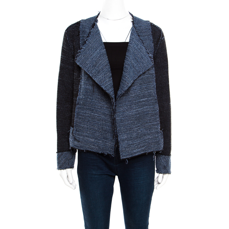 10 crosby derek lam navy blue and black textured raw trim detail open front jacket s