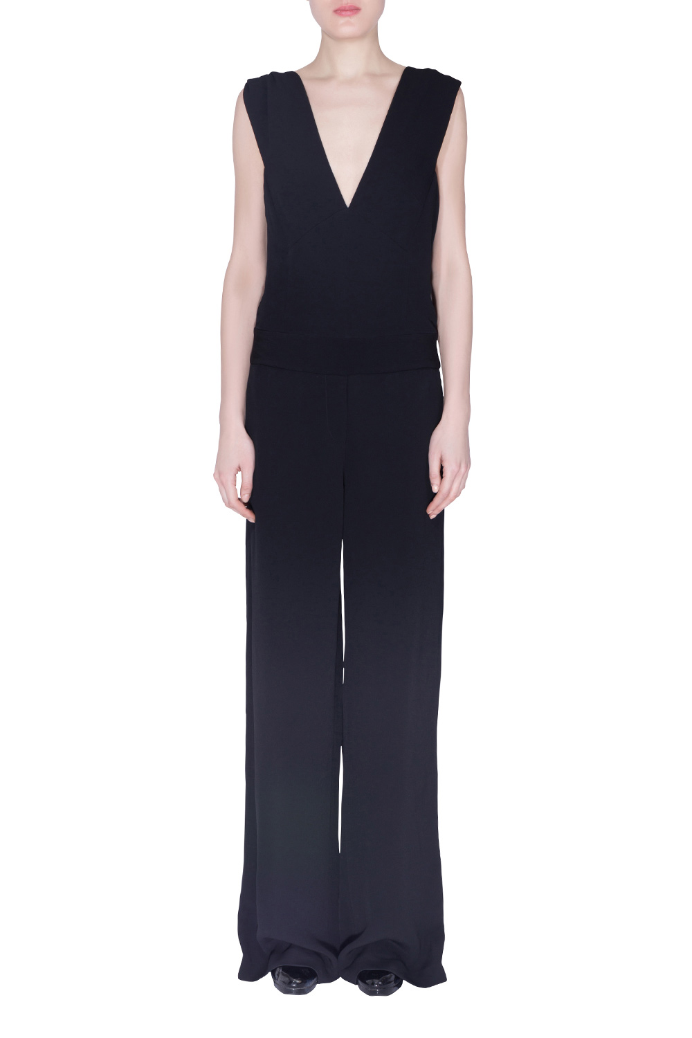 Image of Derek Lam Black Crepe Plunge Neck Detail Jumpsuit S