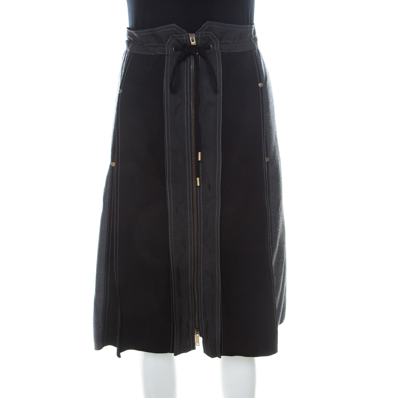 Derek lam grey & black silk blend & wool front zip paneled skirt l