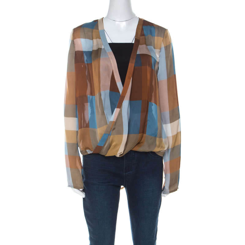 Image of Derek Lam Brown & Blue Silk Check Draped Cross Over Front Blouse L