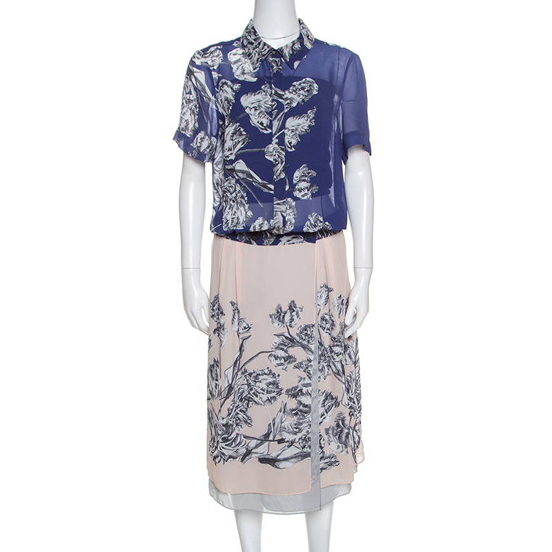 Image of Derek Lam Bicolor Floral Print Crepe Shirt Dress L