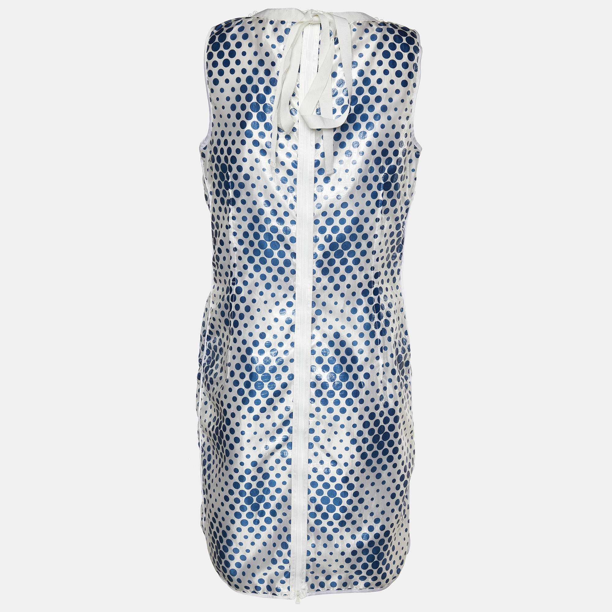 D&G White & Blue Dot Printed Silk Blend Sleeveless Midi Dress L