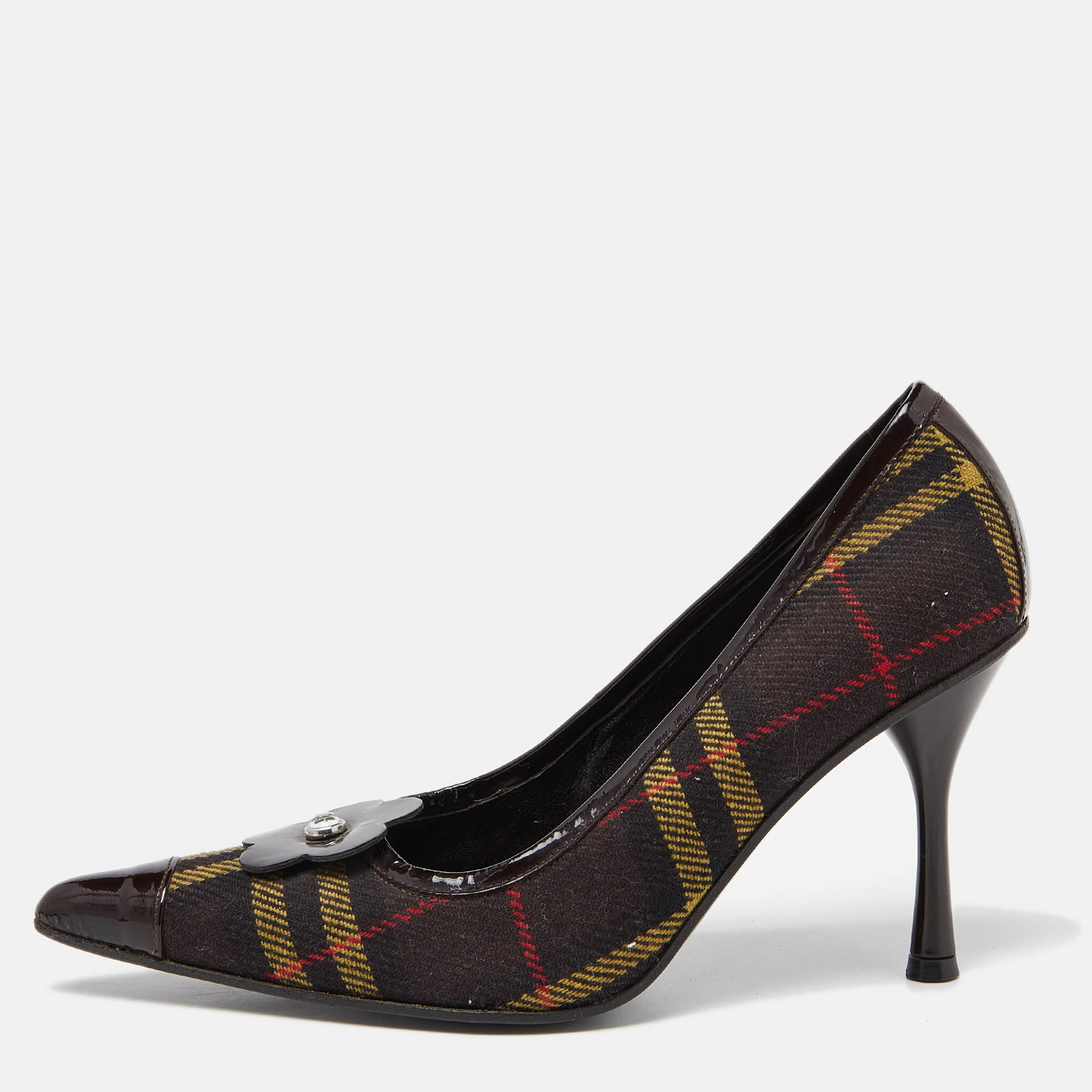 D&g brown plaid wool and patent leather pointed toe pumps size 37.5