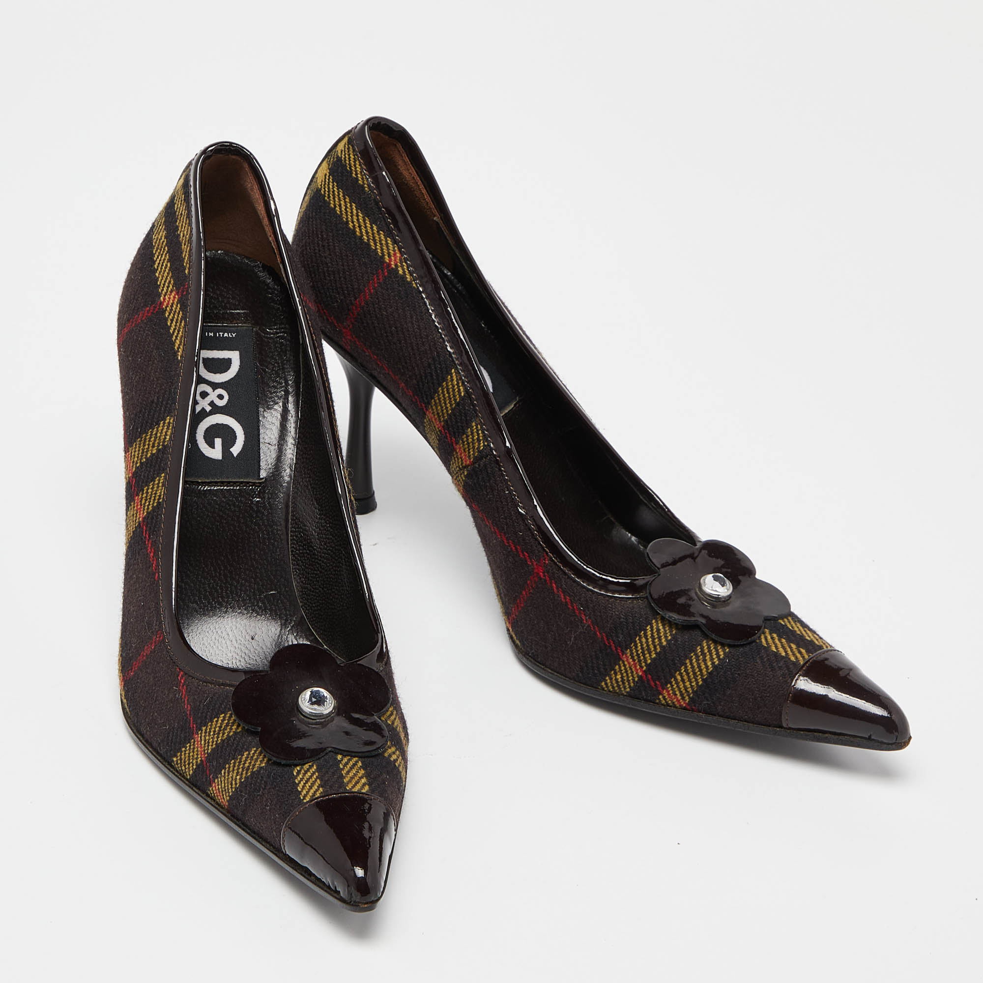 D&G Brown Plaid Wool And Patent Leather Pointed Toe Pumps Size 37.5