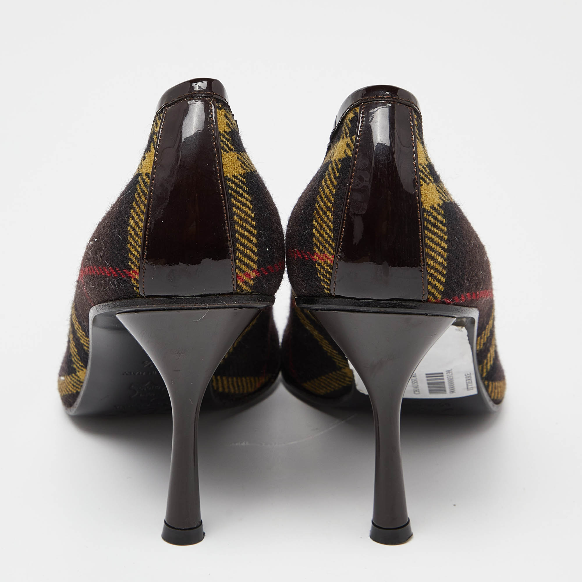 D&G Brown Plaid Wool And Patent Leather Pointed Toe Pumps Size 37.5