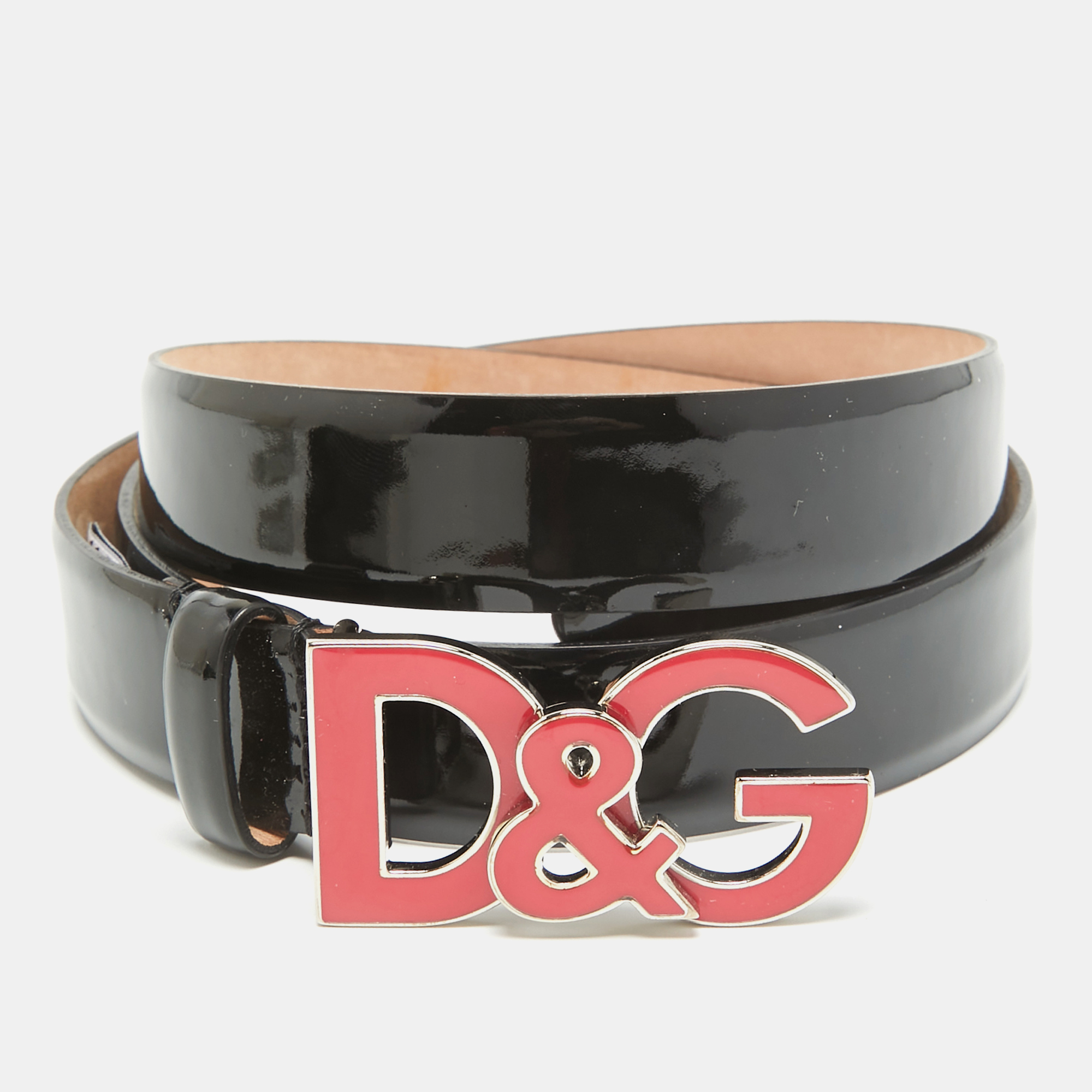 D&g black patent leather logo buckle belt 90 cm