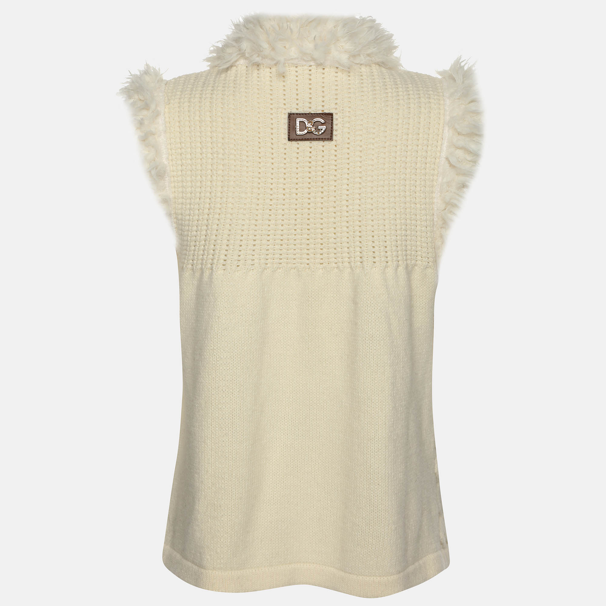 D&G Cream Knitted Cotton Blend Faux Fur Vest S