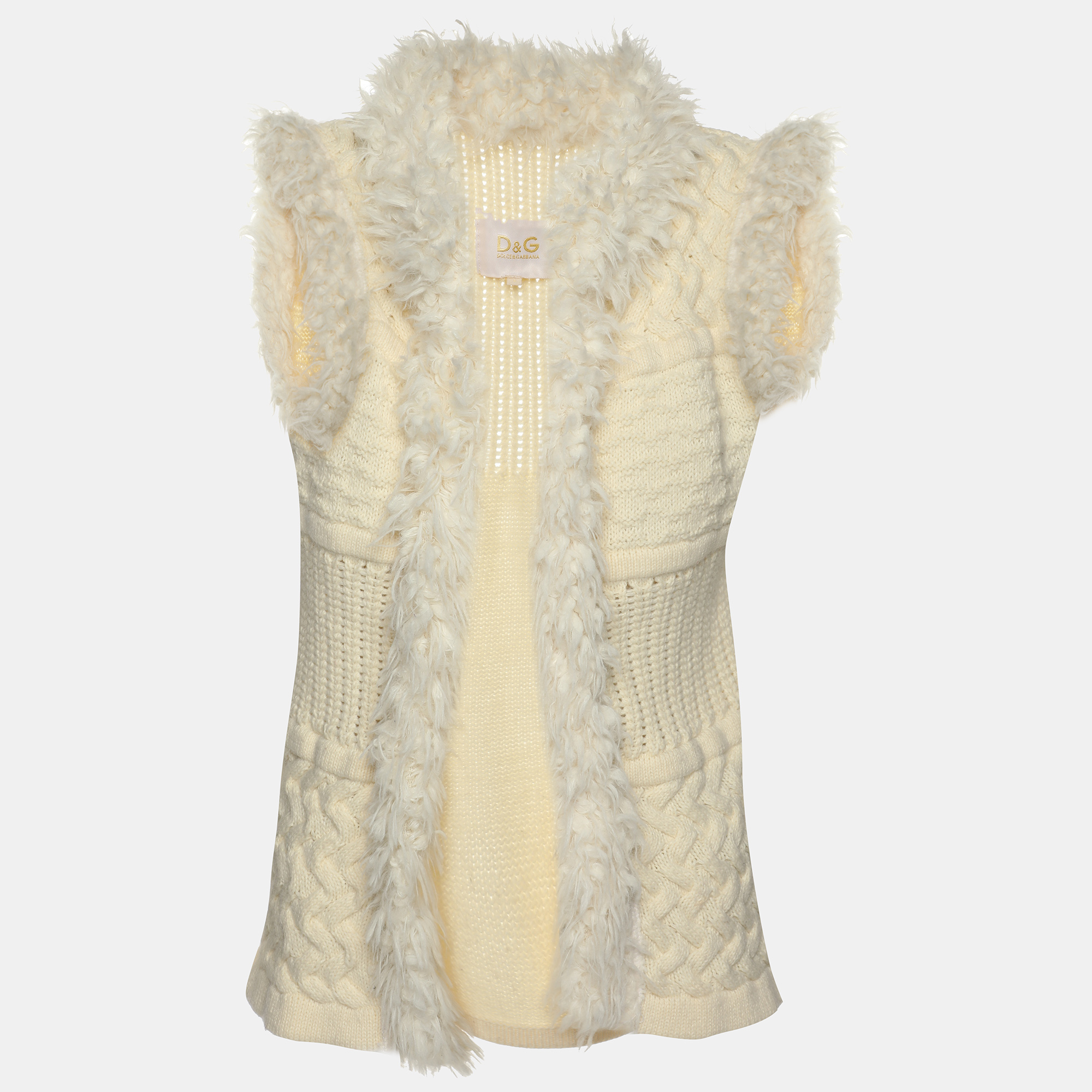 D&G Cream Knitted Cotton Blend Faux Fur Vest S