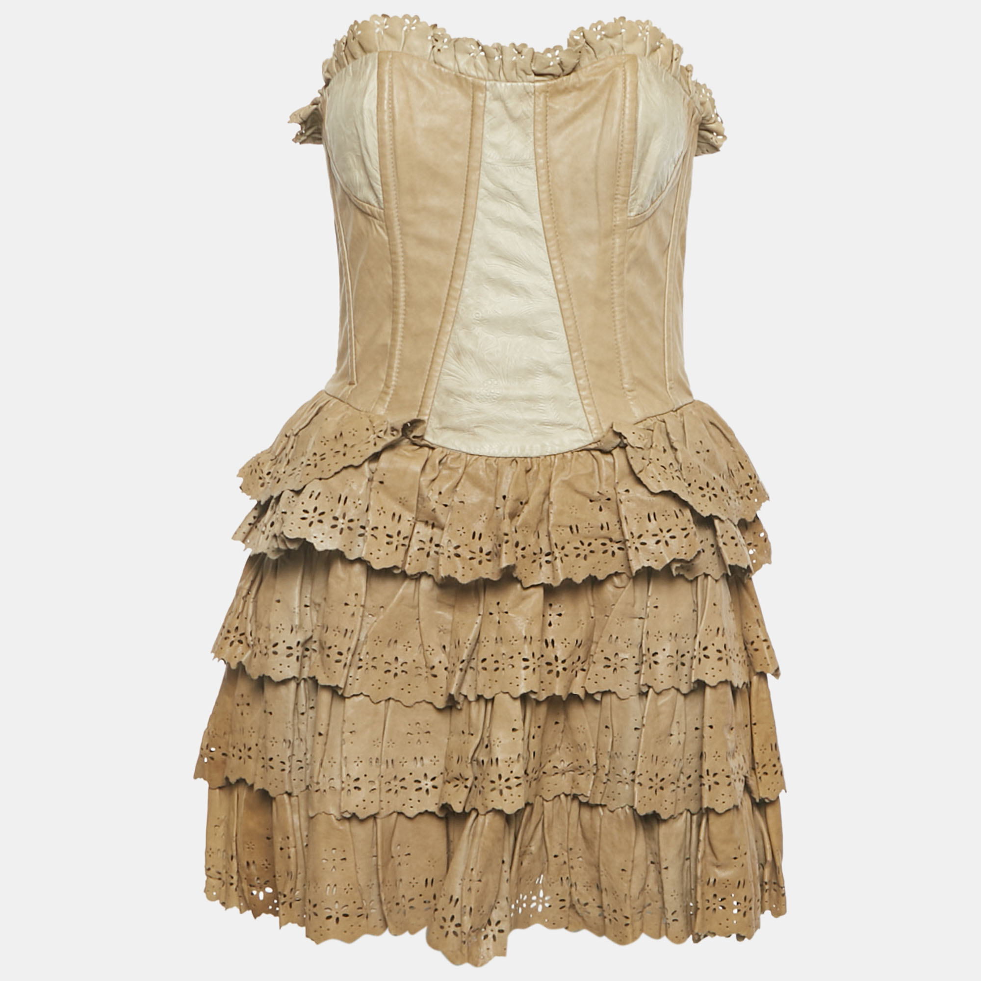 D&G Beige Leather Vintage Eyelet Mini Cocktail Dress M 
D&G Beige Leather Vintage Eyelet Mini Cocktail Dress M