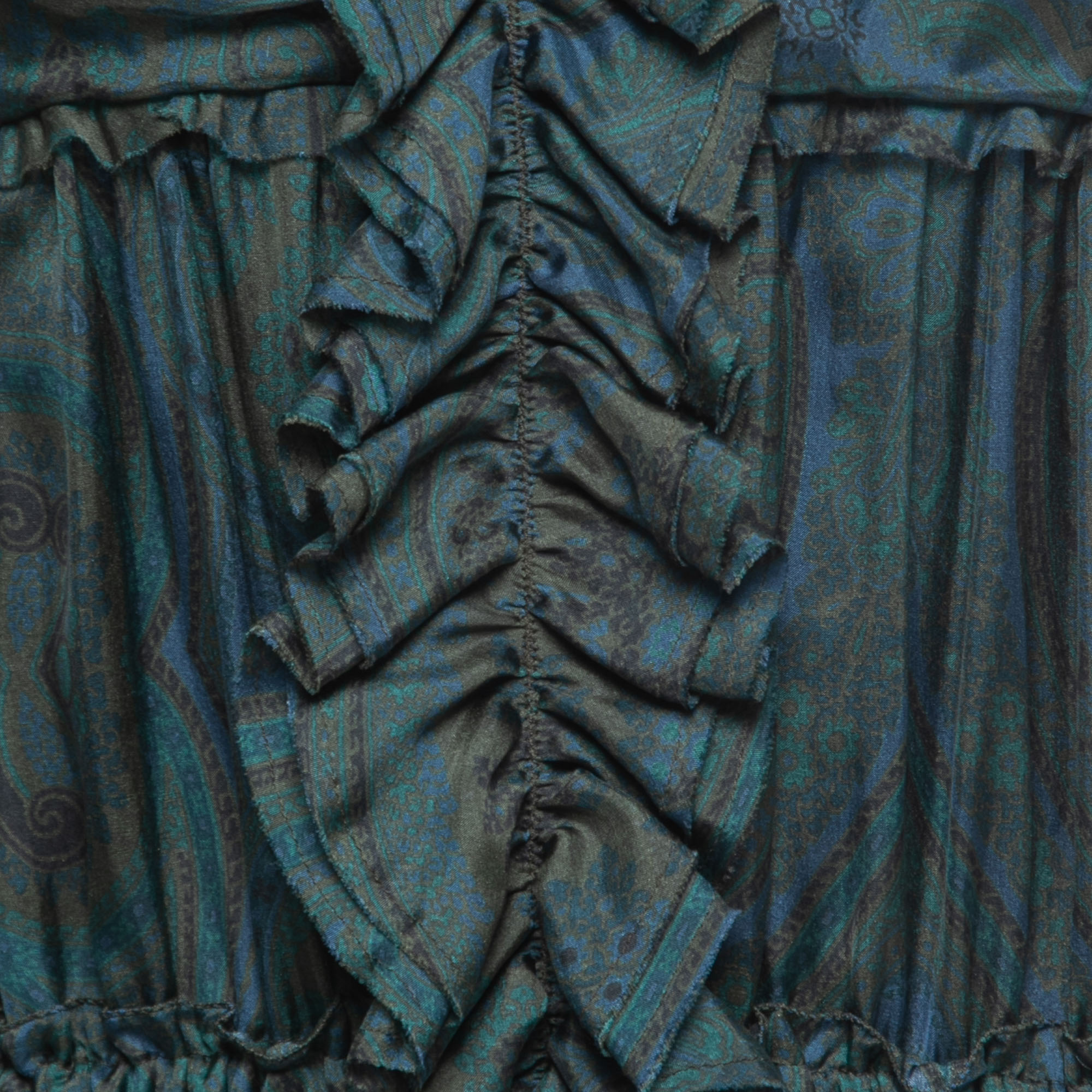 D&G Green/Blue Paisley Printed Silk Chiffon Ruffled Midi Dress M