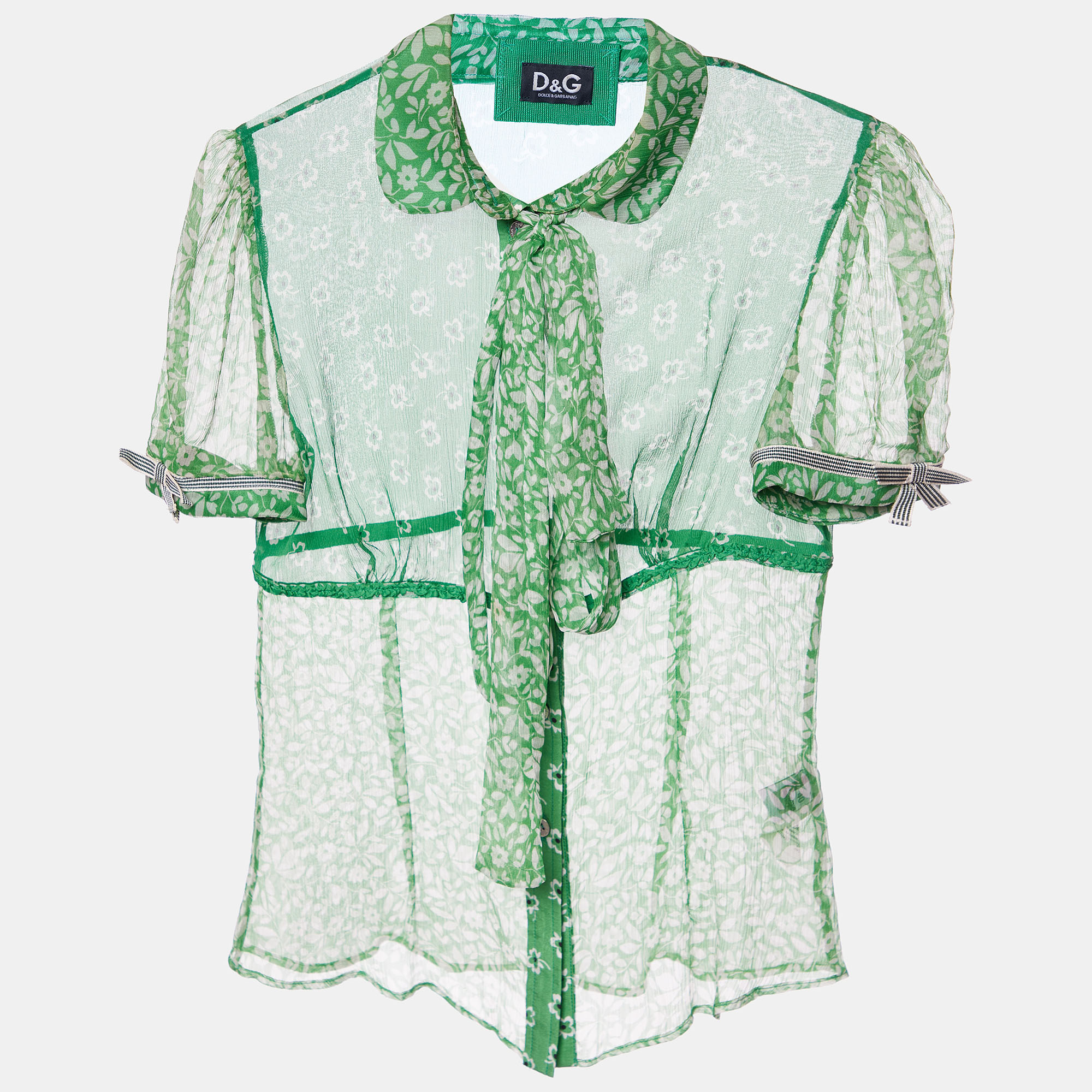 D&G Green Printed Silk Neck Tie Detail Top S